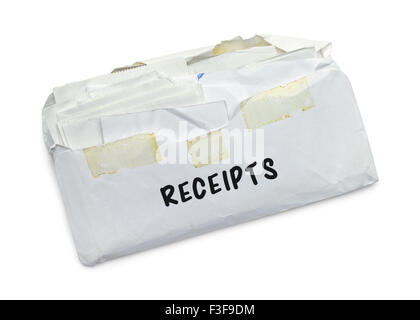 Envelope full of Receipts Isolated on White Background. Stock Photo
