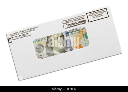 Department of the Treasury Envelope with Money Inside Isolated on White Background. Stock Photo