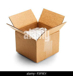 Open Box with Plastic Packaging Isolated on White Background. Stock Photo