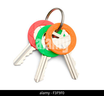 Three House Keys On Key Ring Isolated on White Background. Stock Photo