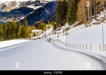 Dolomite mountains covered with white snow and green conifers in Italy Stock Photo