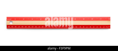 Red Wooden Ruler Isolated on White Background. Stock Photo