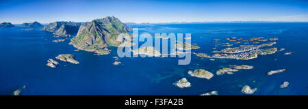 Aerial panorama of Henningsvaer, scenic fishing village on Lofoten islands in Norway Stock Photo