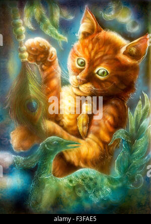 Beautiful fantasy colorful painting of a radiant orange cartoon cat playing with a peacock feather and emerald phoenix bird, eye Stock Photo