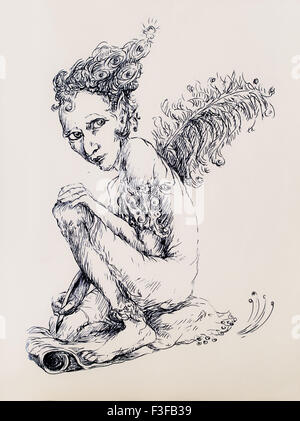 Beautiful detailed linear ornamental drawing of an elven creature as a magical writer with an ostrich feather Stock Photo