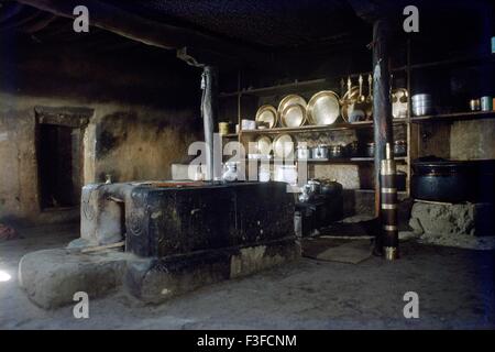 Key Monastery kitchen ; Kye Gompa ; Tibetan Buddhist monastery kitchen ; Key ; Lahaul and Spiti ; Himachal Pradesh ; India ; Asia Stock Photo