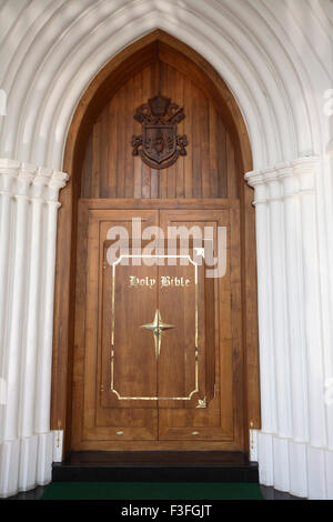 Main door of Bible tower at the rear of Shrine Basilica of Our Lady of Dolours built in1940 ; Thrissur ; Kerala ; India Stock Photo