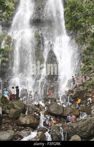 Popular waterfall of Amboli Ghat tourist bathing ; Sawantwadi to Amboli Hill station ; Maharashtra ; India Stock Photo