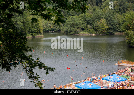 Crowd of people at the Bear Lake (Lacu Ursu) in Sovata, Transylvania, Romania Stock Photo