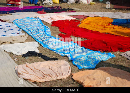 Clothes drying ; Ganga Sagar Mela ; Gangasagar ; Calcutta ; Kolkata ; West Bengal ; India ; Asia Stock Photo