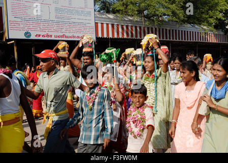 Theertha Kavadi Agni Nakshatram Kodumudi ardent devotees collect river Cauvery water kavadis Palani abhishekam Tamil Nadu Stock Photo