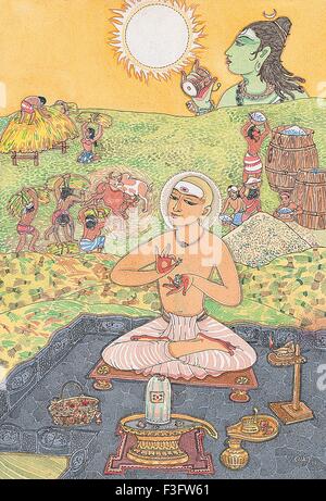 Artist S. Rajam ; vedas ; hindu belief hinduism himalayan academy art agriculture village ancient sun shiva blessings Stock Photo