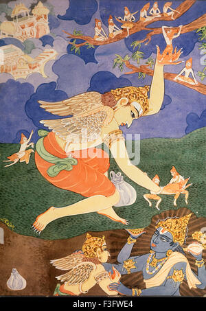 Hinduism ; hindu art ; himalayan academy art ; religion ; spirituality ; artist S. Rajam ; sages ; garuda ; vishnu ; heaven Stock Photo