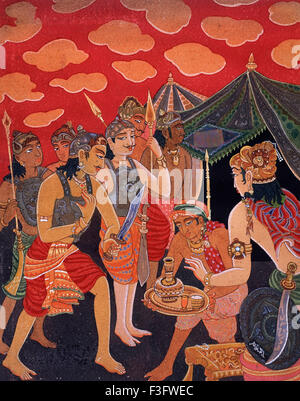 Hinduism ; hindu art ; himalayan academy art ; religion ; spirituality ; artist S. Rajam ; battle ; war ; arjuna mahabharata Stock Photo