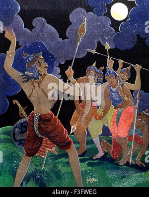 Hinduism ; hindu art ; himalayan academy art ; religion ; spirituality ; artist S. Rajam ; night ; battle ; mahabharata ; war Stock Photo