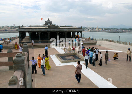 Rocky island stand memorial dedicated to Swami Vivekananda meditated in 1892 ; Kanyakumari ; Tamil Nadu ; India Stock Photo