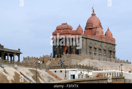 Rocky island stand memorial dedicated to Swami Vivekananda meditated in 1892 ; Kanyakumari ; Tamil Nadu ; India Stock Photo