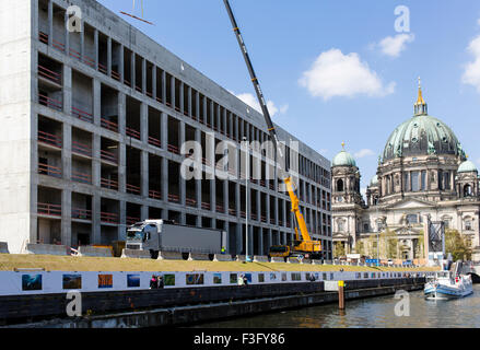 Berliner Dom and the reconstruction site of the new Berliner Stadtschloss as seen from the River Spree. Stock Photo