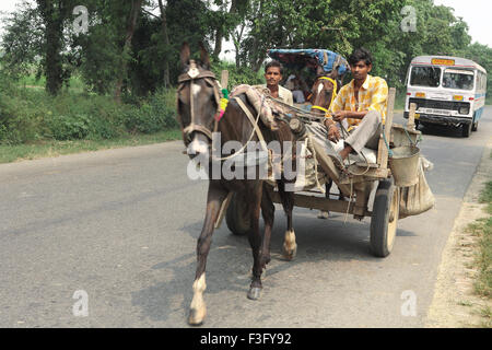 Horse cart with S.T. bus in background on highway at village Nanota ; District Sarahanpur ; Uttar Pradesh ; India
