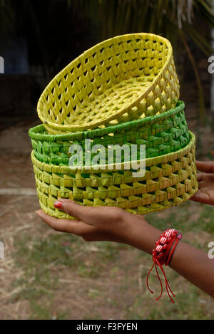 Palm leaf handicraft thing famous in Manappad near Tiruchendur ; Tamil Nadu ; India Stock Photo