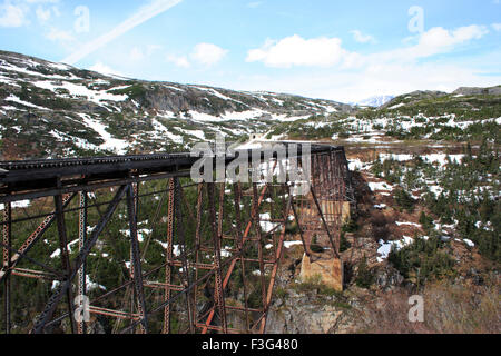 steel bridge constructed in 1901 ; tallest used unti69 ; White p Yukon route narw gauge ilroad Skagwad States of America Stock Photo