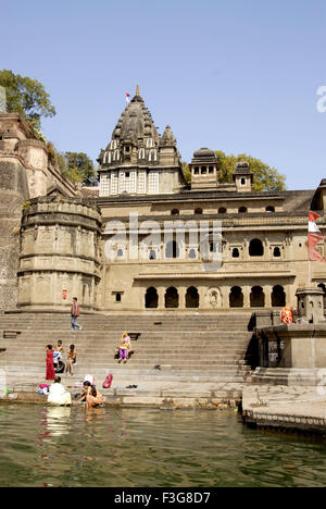 Maheshwar fort on the banks of river Narmada near Ujjain ; Maheshwar ; Madhya Pradesh ; India Stock Photo