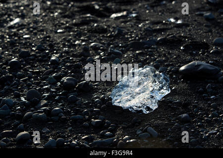 Ice blocks on black sand beachat glacier lagoon Jokulsarlon in Iceland, wintertime Stock Photo