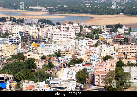 Aerial view of congested multistoreyed buildings of city situated on the banks of river Cauvery ; Tiruchirappalli ; Trichy Stock Photo