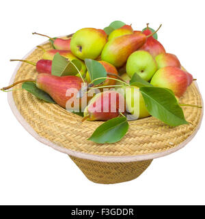 Pear, fruit, hat, green, ready, white,  background,  leaf,  food isolated  vegetarian. Stock Photo