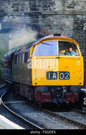 Class 52 western diesel loco D1015 arriving at Arley station on the Severn Valley Railway Stock Photo