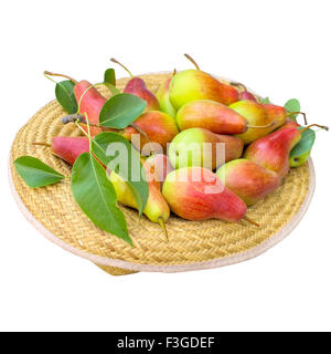 Pear, fruit, hat, green, ready, white,  background,  leaf,  food isolated  vegetarian. Stock Photo