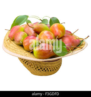 Pear, fruit, hat, green, ready, white,  background,  leaf,  food isolated  vegetarian. Stock Photo