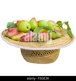 Pear, fruit, hat, green, ready, white,  background,  leaf,  food isolated  vegetarian. Stock Photo