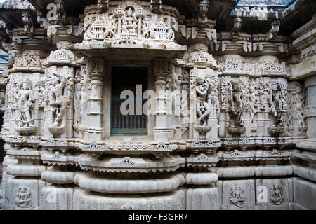 Sculptures dancing poses walls 2000 years old ancient monument Adinath Jain temple ; Village Delwara ; Udaipur ; Rajasthan Stock Photo