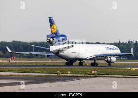 Lufthansa McDonnell Douglas MD-11 Freighter at the runway of Frankfurt Airport Stock Photo