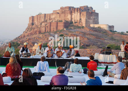 Morning concert Marwar Festival playing musical instruments backdrop Mehrangarh Fort, Jodhpur, Rajasthan, India, Asia Stock Photo