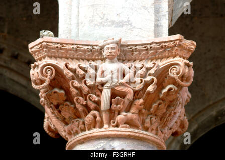 Maratha javan carved on decorative pillar of old palace of Indore ; Madhya Pradesh ; India Stock Photo
