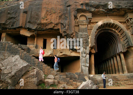 Tourists Indian heritage place Bhaja caves Chaitya hall built during reign king Ashoka Lonavala Maharashtra Stock Photo