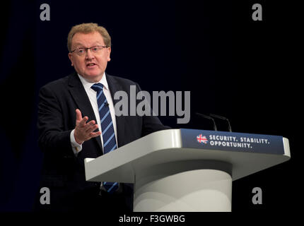 Manchester, UK. 7th October 2015. The Rt Hon David Mundell MP, Secretary of State for Scotland speaks at Day 4 of the 2015 Conservative Party Conference in Manchester. Credit:  Russell Hart/Alamy Live News. Stock Photo
