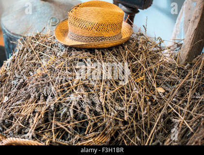 old straw hat on a pile of dried lavender Stock Photo