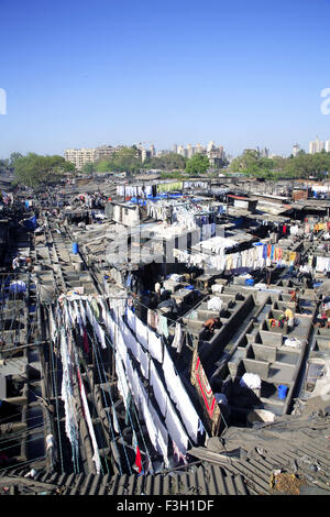 Dhobi Ghat ; open laundry run by Mumbai Municipal Corporation Washer men ; Mahalakshmi ; Bombay Mumbai ; Maharashtra Stock Photo