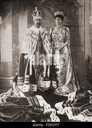 King George V and Queen Mary in their state robes after the coronation ceremony in 1911.  George V,  1865 – 1936.   King of the United Kingdom and the British Dominions,  and Emperor of India, 1910 - 1936.  Mary of Teck, 1867 – 1953.  Queen consort of the United Kingdom and the British Dominions, and Empress consort of India.