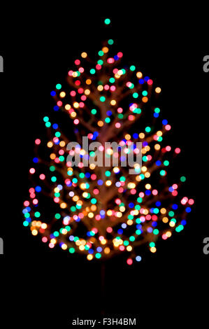 Brightly lit Christmas tree on a black background. Stock Photo