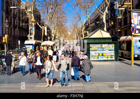 People walking along La Rambla. Barcelona, Catalonia, Spain. Stock Photo