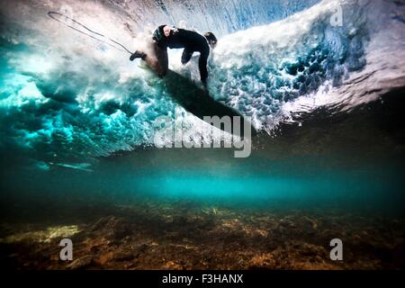 Underwater view of surfer falling through water after catching a wave on a shallow reef in Bali, Indonesia Stock Photo