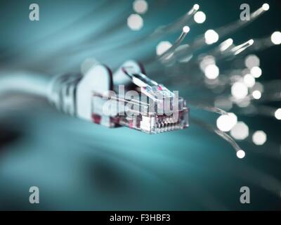 Internet network connector with fibre optics, close-up Stock Photo