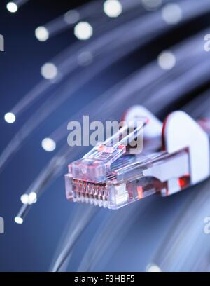 Internet network connector with fibre optics, close-up Stock Photo