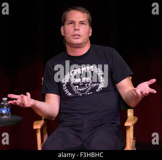 Santa Monica, California, USA. 06th Oct, 2015. SHEPARD FAIREY discusses his career during a Live Talks Los Angeles event. His new book 'Covert to Overt: The Under/Overground Art of Shepard Fairey is out this week. © Brian Cahn/ZUMA Wire/Alamy Live News Stock Photo