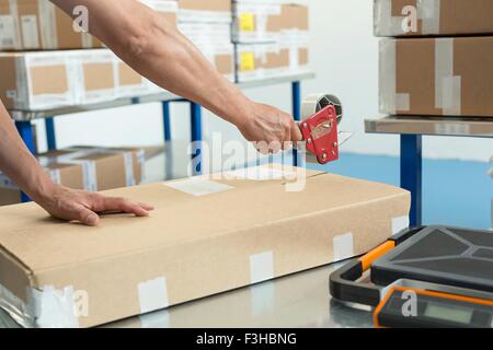 Hands of warehouse worker taping parcel in distribution warehouse Stock Photo