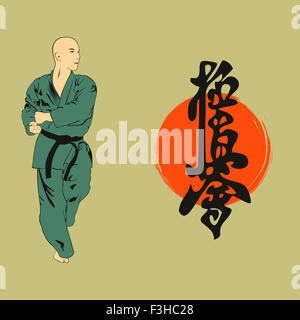 The man shows karate, an illustration with a hieroglyph. Stock Photo
